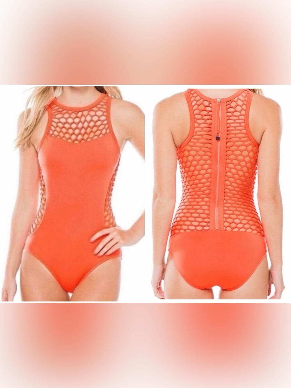 Seafolly Mesh About High Neck Maillot One Piece Swimsuit in Nectarine. Size M